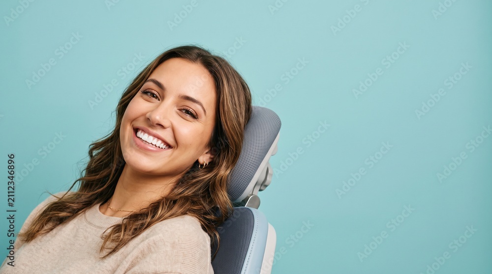 Fototapeta premium Young woman with a bright white smile sitting in a dental chair