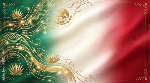 Elegant Mexican Flag Background with Golden Ornamental Frame Agave Motifs National Emblem and Luxurious Patriotic Design for Independence Day Celebration