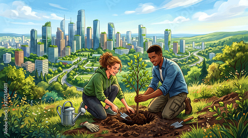 Couple planting a young tree in nature. World environment day.