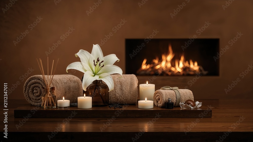 Fototapeta premium Aromatherapy and relaxation setting with towels, candles, and a floral arrangement in front of a fireplace. Spa and wellness concept. The scene of peace and tranquility.