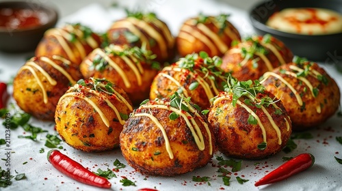 Modern plantain croquettes with spicy aioli and microgreens on white tablecloth, vibrant chili peppers, closeup, natural afternoon light