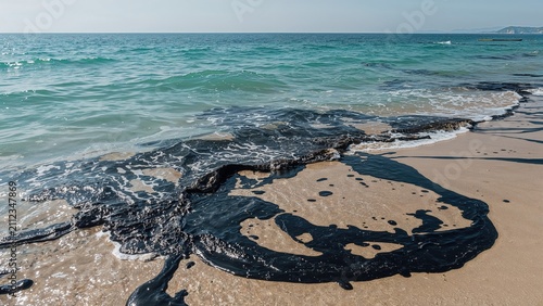 Black oil spill on the beach with ocean and horizon in the background. Environmental hazard and marine pollution. Conservation and ecological impact.