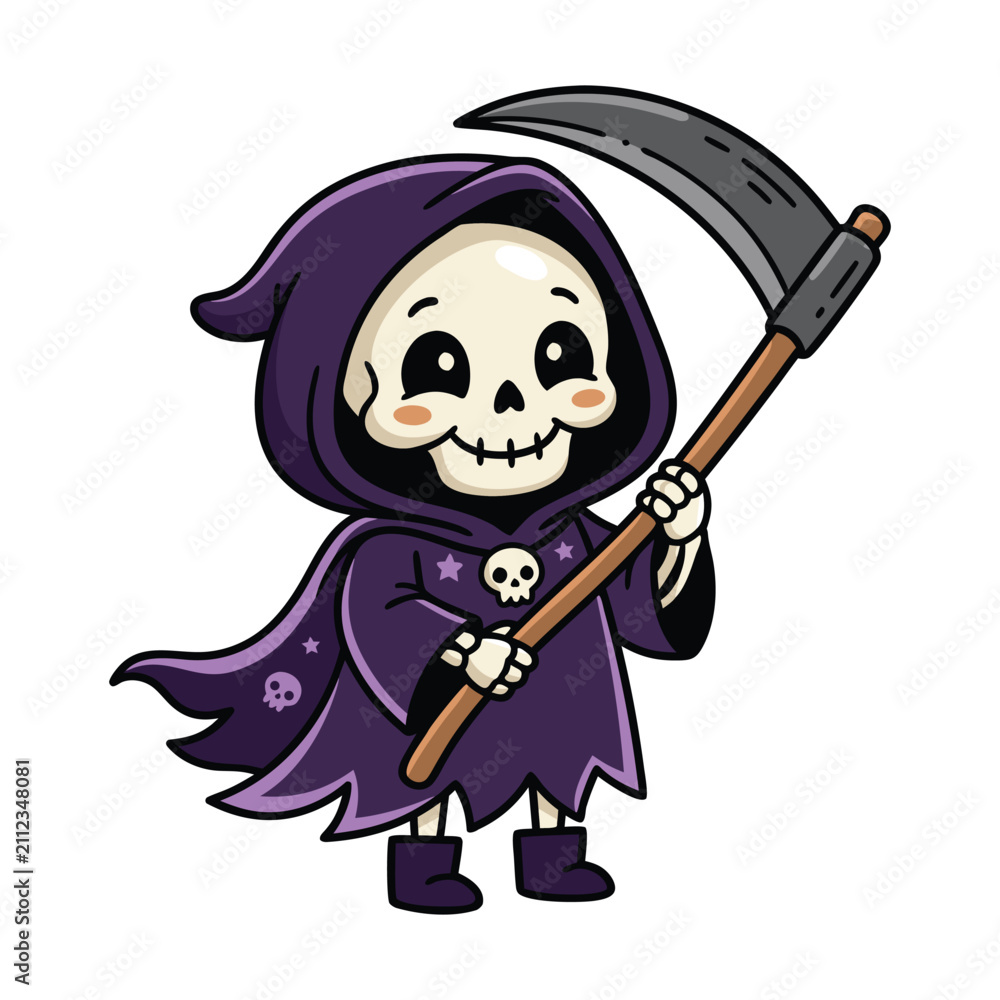 Obraz premium Cute cartoon grim reaper character holding a scythe for Halloween celebration.
