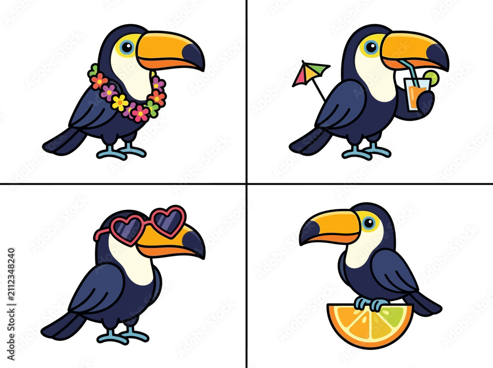 Naklejka premium Vector Set of Cute Tropical Toucan Bird Characters Enjoying Summer Vacation with Summer Accessories and Citrus Fruit Slices