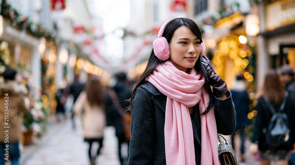 Fototapeta premium A woman with long black hair walks away from the camera through a festively decorated Tokyo street on a bright winter daytime, she wears a slim dark charcoal coat, a soft pink scar