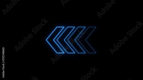 Neon blue glowing arrows pointing left, animated directional signage for digital interface