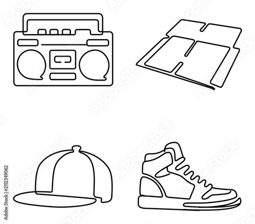 Hip Hop and Breakdancing Culture Vector Icon Set with Editable Stroke. Minimalist Line Art Collection featuring Boombox Radio, Cardboard Sheet, Flat Brim Cap, and High Top Sneaker Icons.