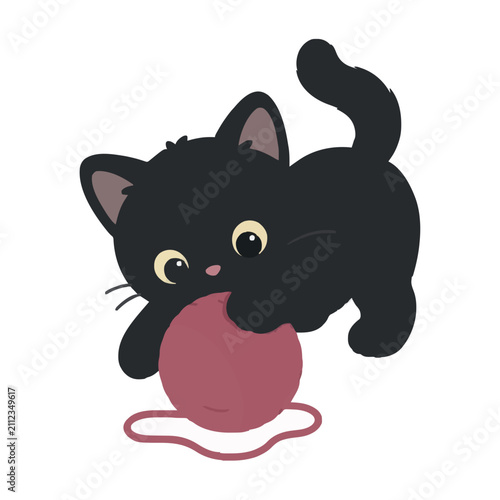 A charming flat vector illustration of a cute little black kitten playfully batting at a ball of pink yarn, capturing a whimsical and heartwarming moment in a clean, simple, and colorful graphic