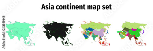 Fotografie Set of maps of the Asian continent with political borders and country divisions in different styles, vector illustration