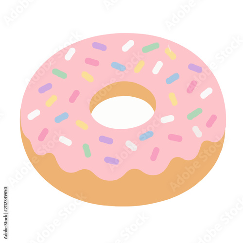 A delicious glazed donut with colorful sprinkles depicted as a simple flat vector illustration for bakery menus or food branding projects featuring a sweet treat with pastel icing and round shapes