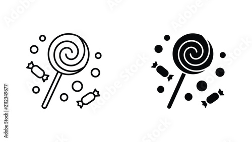 Spiral lollipop and assorted wrapped candies in minimalist flat vector design style