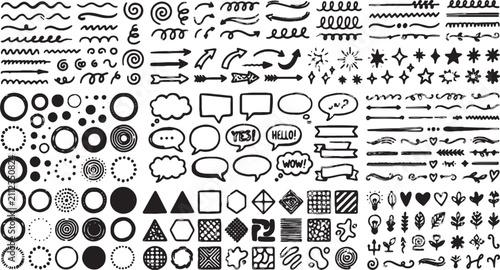 Hand Drawn Doodle Design Elements Set with Speech Bubbles, Dividers, Borders and Decorative Vector Icons
