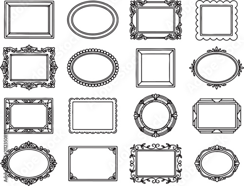 Vintage Decorative Picture Frame Collection Vector, Ornate Borders, Classic Rectangular and Oval Frames Set