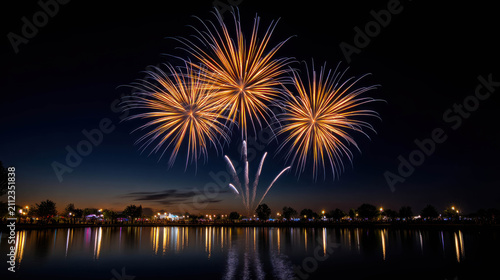 Spectacular fireworks illuminating the night sky above a calm lake, reflecting the vibrant display. The horizon shows a distant town with illuminated lights, creating a festive atmosphere