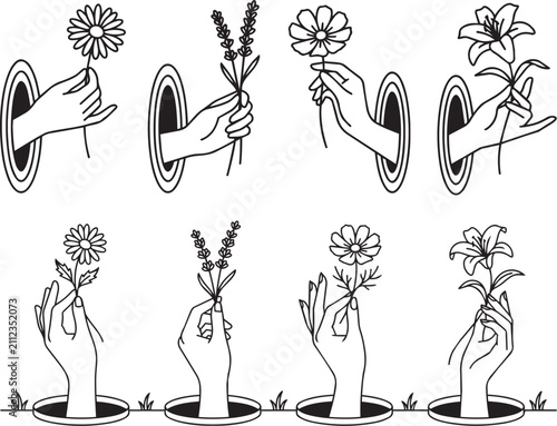 Surreal line art set of hands emerging from portals and the ground holding various flowers. Minimalist black and white botanical illustration.