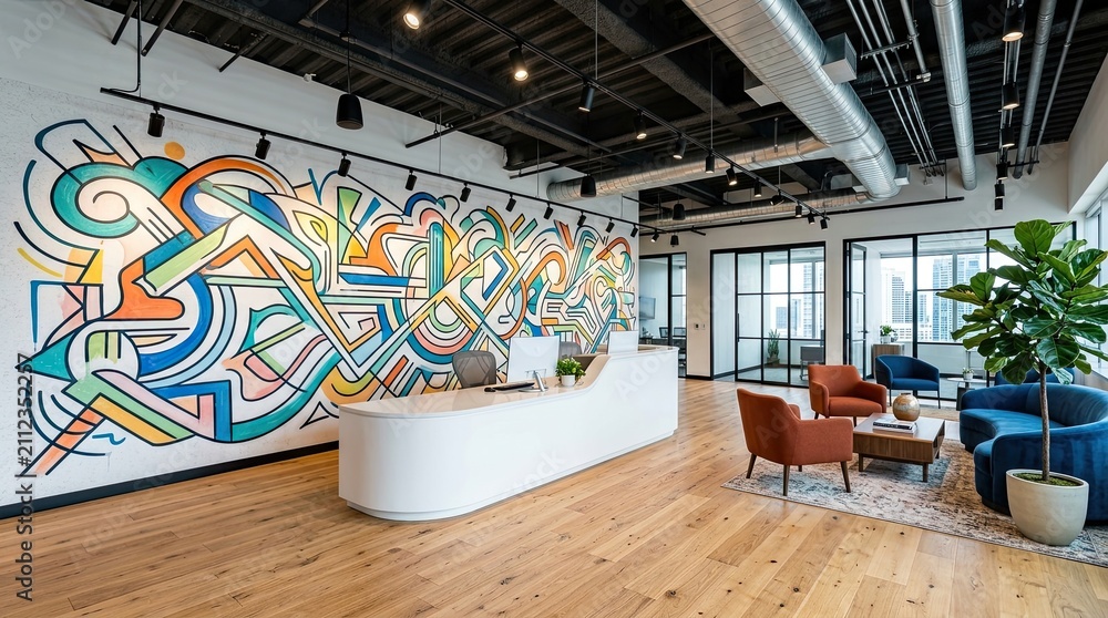 Fototapeta premium Modern corporate office reception area with large abstract colorful mural and comfortable waiting lounge furniture