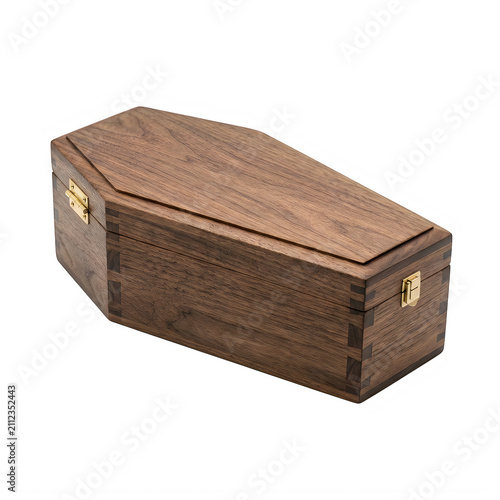 Miniature wooden coffin box with brass latches, gothic walnut jewelry casket, spooky halloween decorative storage container isolated on White Background