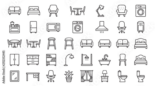 Minimalist furniture line icons, 42 home interior vector symbols, modern household appliance and decor outline set for floor plans