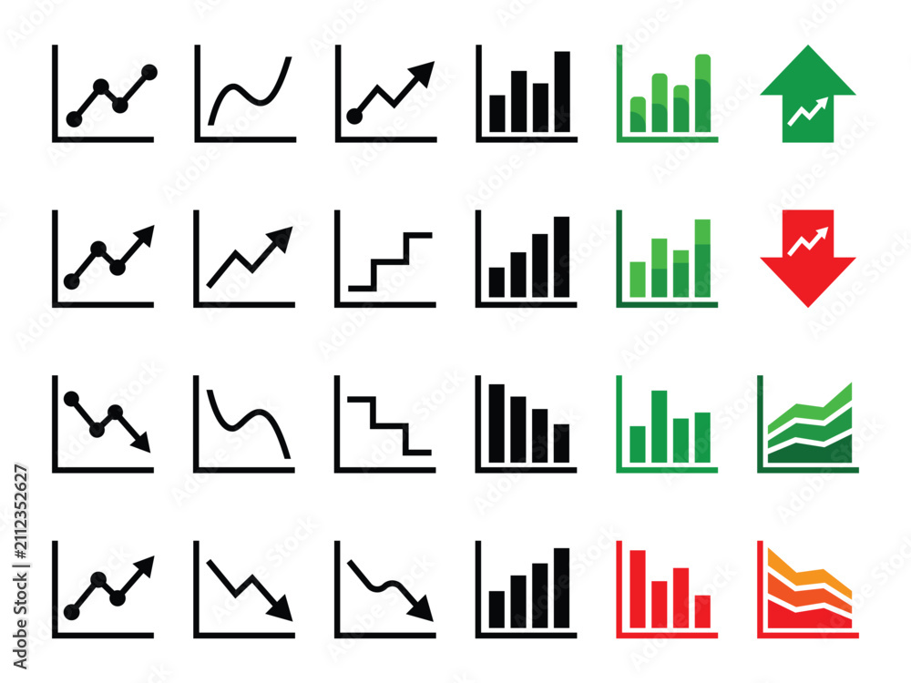 Obraz premium Business chart icon set with line graphs, bar charts, trend arrows, financial data analysis vector