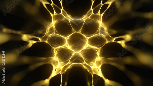 An abstract, glowing yellow neural network pattern against a dark background, suggesting connectivity and thought