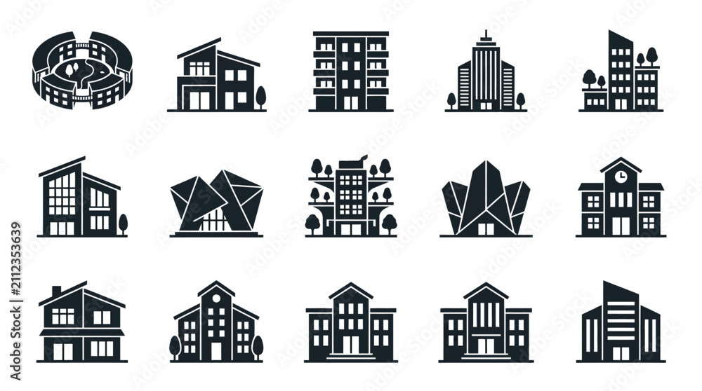 Fototapeta premium Elegant Black and White Icons Set of Various Modern and Classic Architectural Buildings and Structures