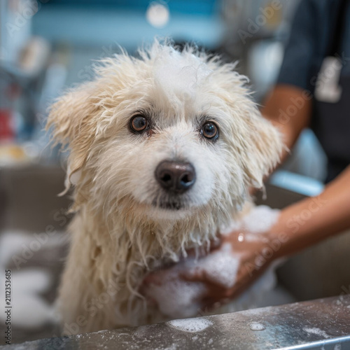 Fluffy white dog is being bathed with soap and water, looking curious and slightly surprised. scene is set in grooming salon