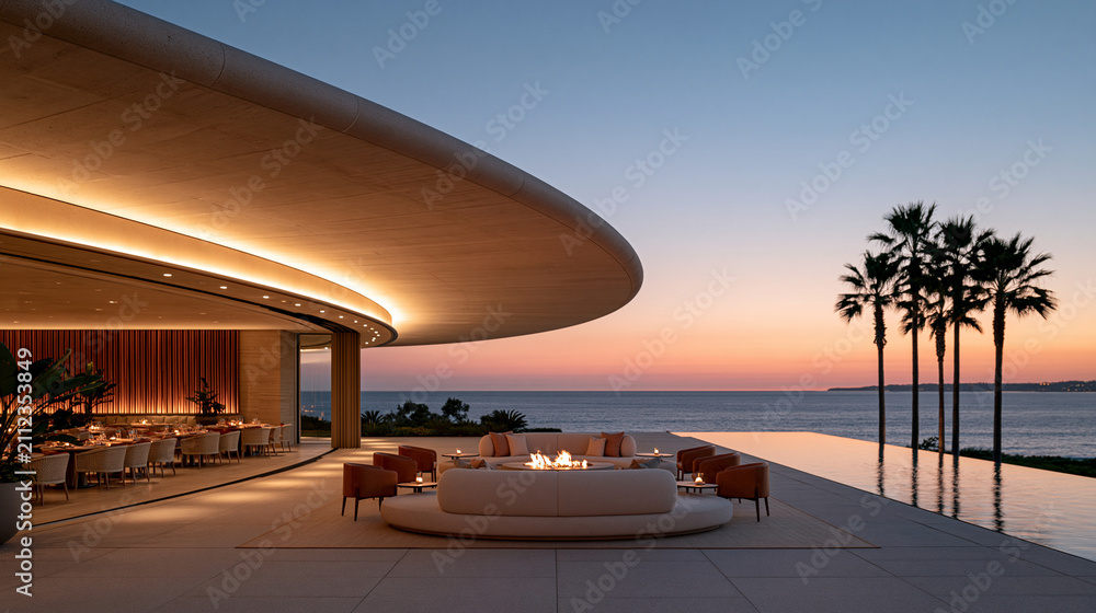 Fototapeta premium Real photograph of a low angled view looking upward at the soft curved concrete ceiling and overhang of a modern beach cafe at golden hour, elegant furniture partially visible, tro
