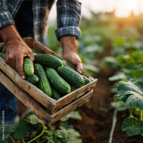 Farmer holds wooden crate filled with freshly harvested cucumbers in lush green field during sunny day