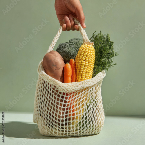 Hand holds mesh bag filled with fresh vegetables including corn, carrots, broccoli, and sweet potato. background is soft green, enhancing natural