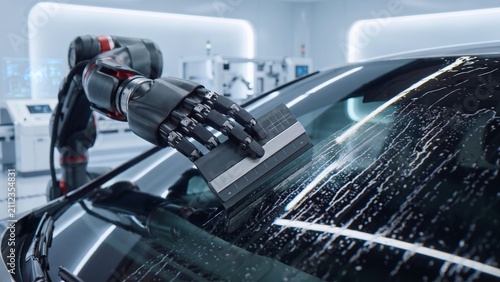 Automated Automotive Maintenance With Robot Squeegeeing Windshield Glass abstract background with flowing shapes and lines