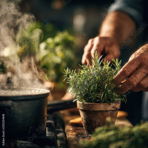 Person tends to rosemary plant in cozy kitchen, with steam rising from pot on stove, creating warm and inviting atmosphere