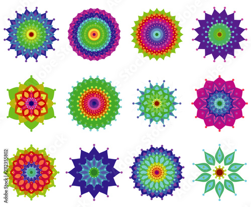 Set of colorful geometric mandala patterns and shapes