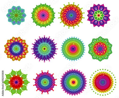 Set of colorful circular mandala patterns and flower icons