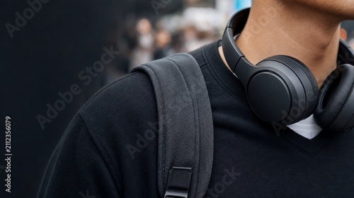 Young person wears headphones and carries a backpack while walking in a busy urban area during the day