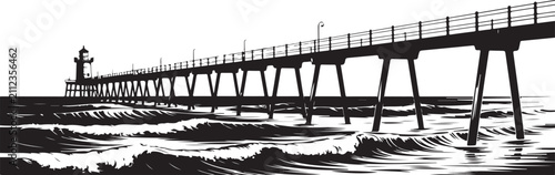 Long ocean pier silhouette stretching over crashing sea waves with small lighthouse at end against transparent background scene.