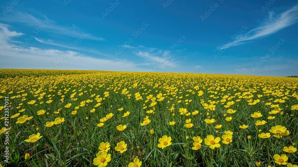 Fototapeta premium A vast field of yellow flowers under a blue sky with white clouds.