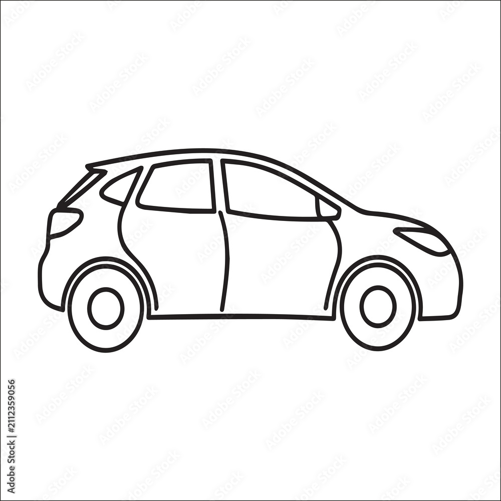 Fototapeta premium a hatchback-style car silhouette with two doors, circular wheels, and outlined windows, symbolizing transportation, vehicles, and mobility