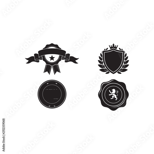 Award Badge, Ribbon, Shield and Seal Vector Silhouette Icons Set