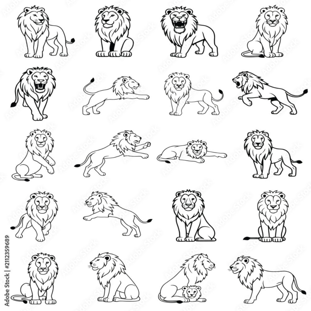 Obraz premium Lion Silhouette and Line Art Vector Icon Set Collection | Wild Animal Outline Illustrations