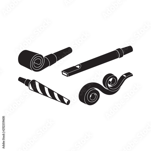 Party Blower, Streamer and Celebration Horn Vector Silhouette Icons Set