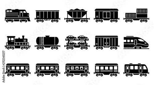 Fotografie Creative Black and White Icons Set of Various Train Cars and Locomotives for Des