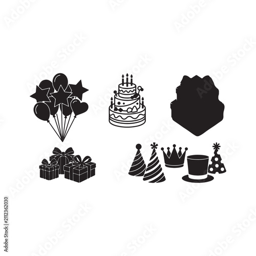 Birthday Celebration Vector Icons with Balloons, Cake, Gifts and Party Accessories
