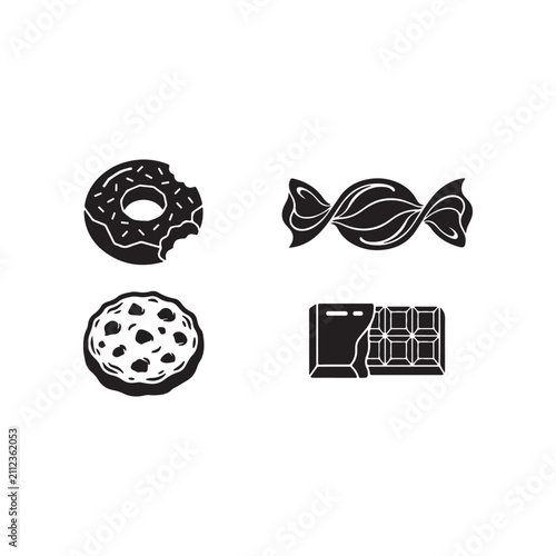 Donut, Candy, Cookie and Chocolate Bar Vector Silhouette Icons Set