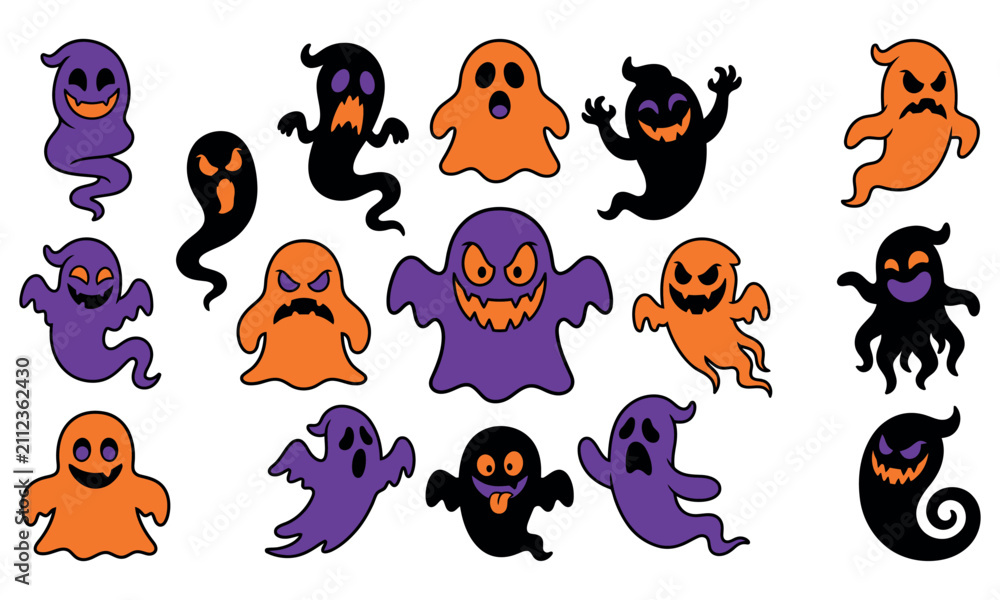 Obraz premium Scary Cartoon Halloween Ghost Vector Set with Evil Expressions