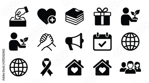Collection of black silhouette icons representing charity, community, and social giving.