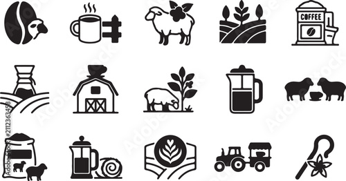 Collection of coffee and sheep farming vector icons.