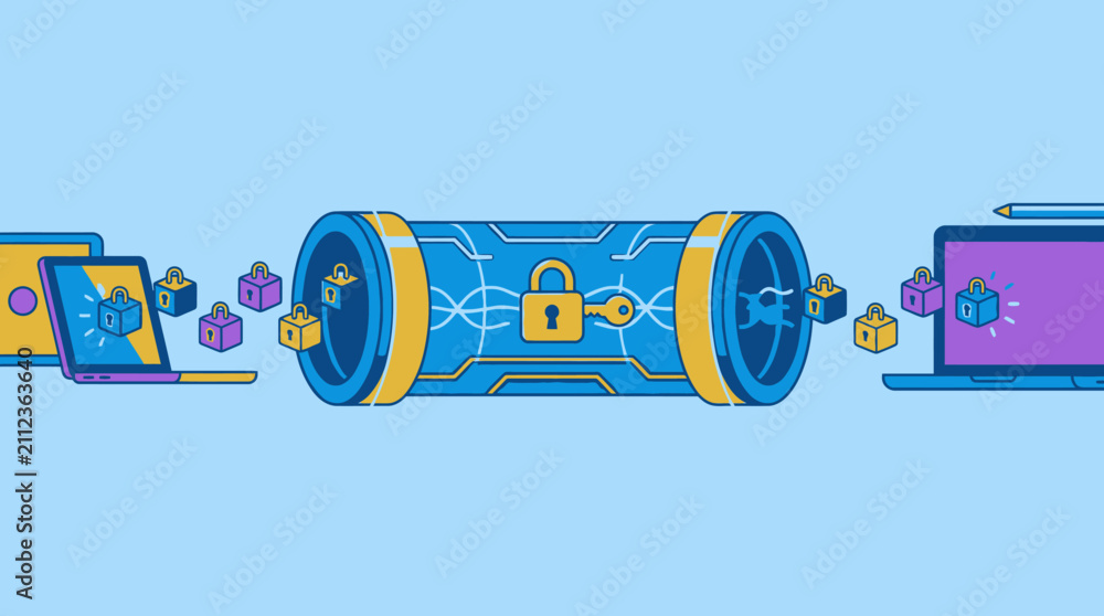 Fototapeta premium Digital data security and encryption concept with locked cylinder and laptops, abstract technology background
