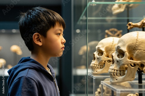 Young boy in museum looks at human skull in display case. Child studies ancient bones at exhibition. Curious kid learns about history, anatomy, and prehistoric human evolution.