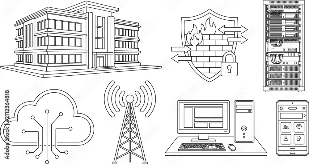 Obraz premium Detailed line illustration of modern technology infrastructure including cloud computing, cybersecurity, and data network elements