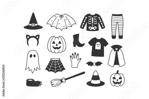 A collection of black and white doodle icons featuring various Halloween costume elements, spooky accessories, and festive decorations like pumpkins, ghosts, and witch items